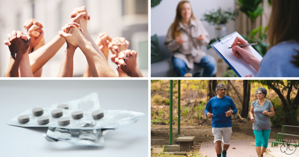 Mãos unidas, psicoterapia, medicamentos e idosos se exercitando como formas de cuidado com a psoríase