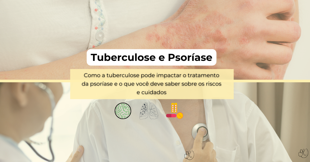 Imagem com paciente com psoríase e médico auscultando, com título explicativo