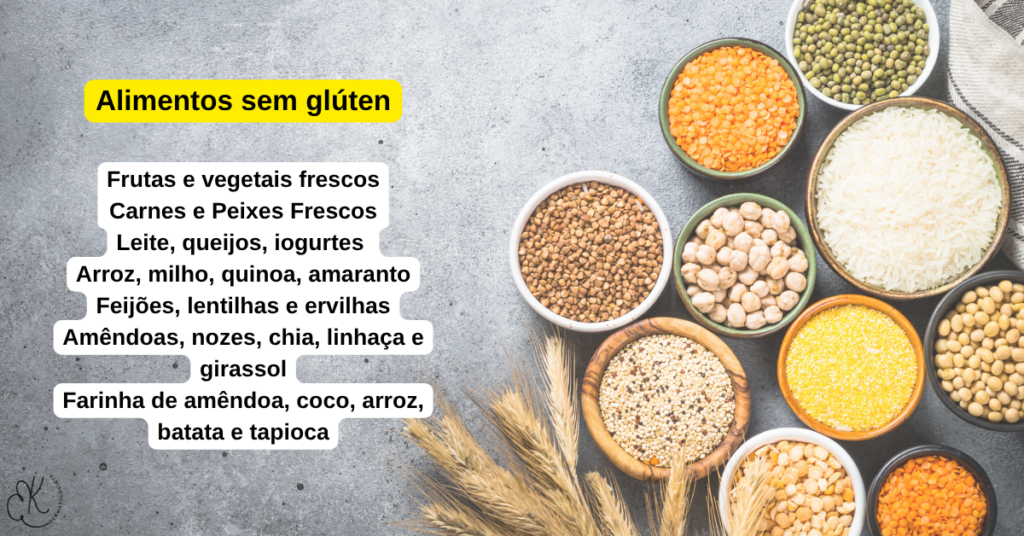 Variedade de grãos e sementes sem glúten dispostos em tigelas sobre fundo cinza