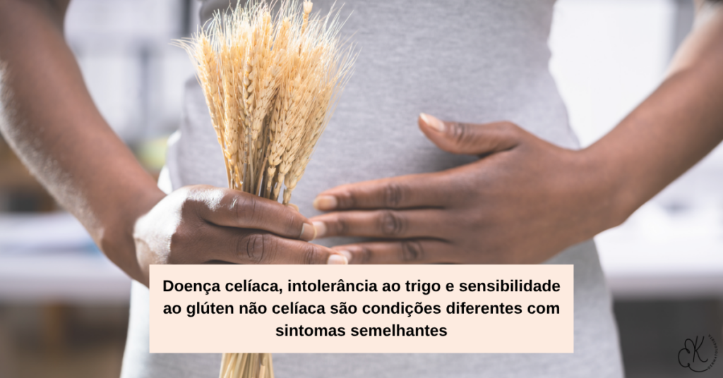 Pessoa segurando um feixe de trigo com texto explicativo sobre condições relacionadas ao glúten