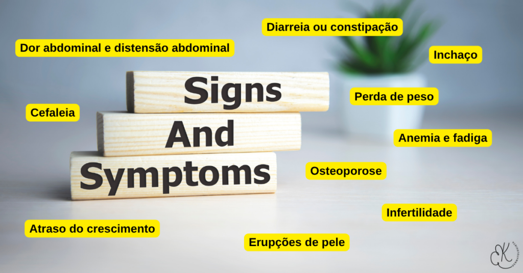 Quadro “Signs and Symptoms” com etiquetas: diarreia, constipação, inchaço, perda de
