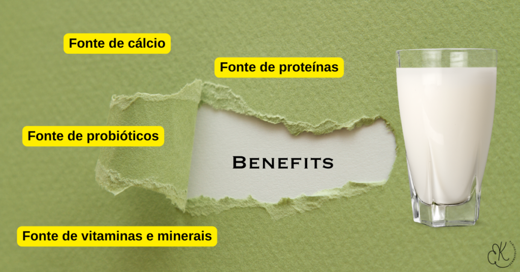Imagem destacando os benefícios dos laticínios como fonte de cálcio, proteínas, probióticos, vitaminas e minerais