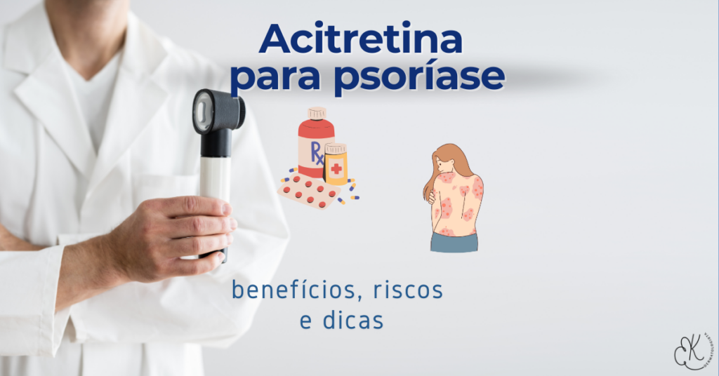 Médico com dermatoscópio e ícones representando medicamentos e lesões de psoríase