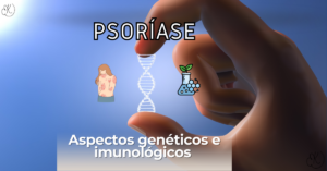 Ilustração de uma mão segurando uma fita de DNA com o texto "Psoríase" e ícones científicos