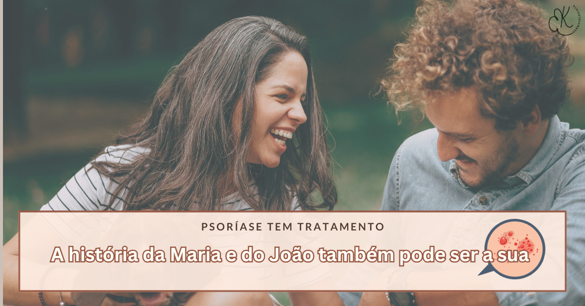 Casal sorrindo e conversando ao ar livre representando pessoas que conseguiram controlar a psoríase com tratamento adequado