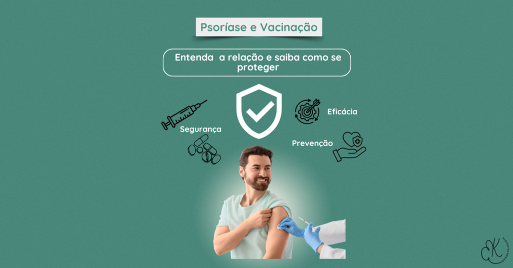 Paciente sendo vacinado com ícones de proteção e imunidade representando segurança na psoríase