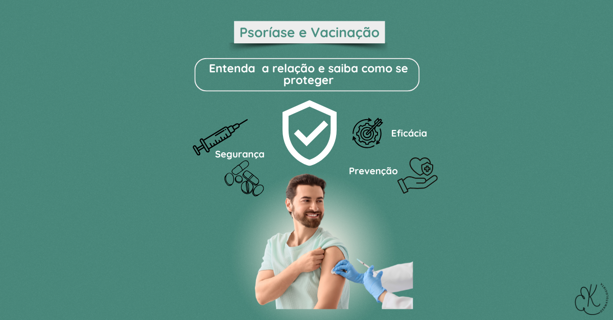 Paciente sendo vacinado com ícones de proteção e imunidade representando segurança na psoríase